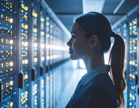 A woman in a server room, examining the data center technology.