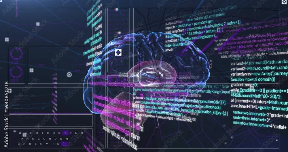 Poster animation of data processing over human brain on digital interface