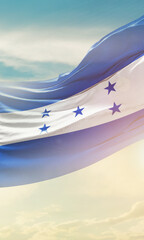 Honduras national flag poster. The flag waving in beautiful clouds with vertical layout. Honduras...