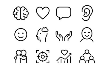 Emotional Intelligence Icons. Outline icon set of emotional intelligence in dialogue: brain icon, heart icon,