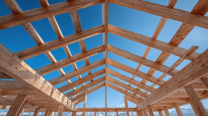 Fototapeta premium Wooden structure with a blue sky background, showcasing architectural design.