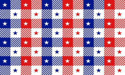 Fototapeta premium Seamless pattern design consists of a grid of alternating squares, some solid blue with white stars, others red and white striped, and some solid red with white stars. 