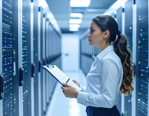 Female IT professional reviews data in a modern server room environment.