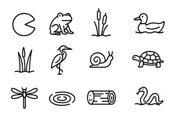 Wetlands Icon Set. Outline icon set of wetlands and marshes: lily pad, frog, cattail, duck, reeds, heron,