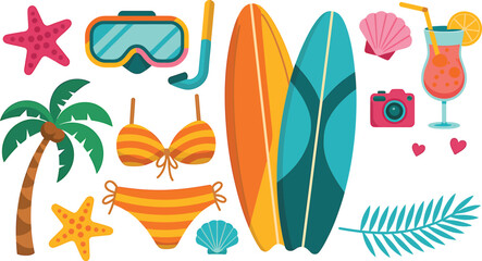 A vibrant collection of summer beach vacation elements, featuring surfboards, palm trees, bikinis, and snorkeling gear for a tropical holiday adventure.