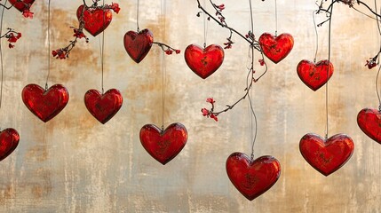 String of red hearts hanging as decorative elements, capturing the romantic essence of Valentine's Day.