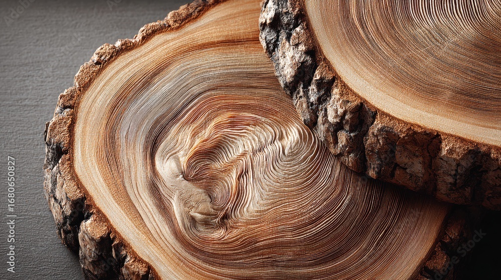 Poster detailed close-up captures the textures and patterns of wood slices.