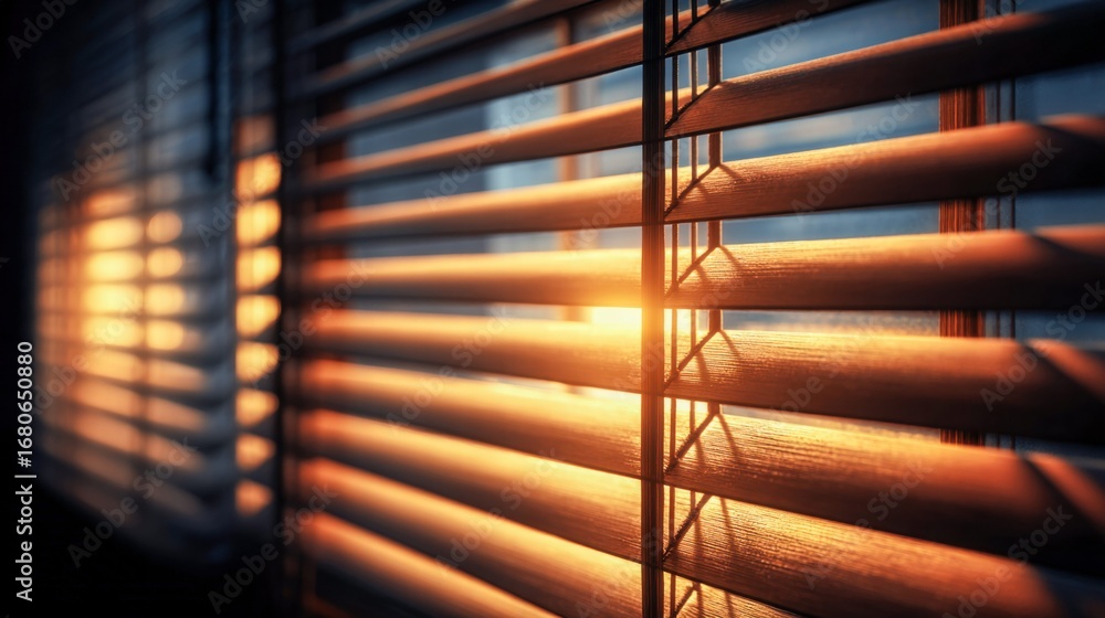 Poster wooden blinds allow warm sunlight to stream into a room, creating interesting shadows and patterns.