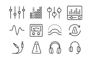 Fototapeta premium Sound Engineering Icons. Outline icon set of sound engineering tools: faders, equalizer, knobs, spectrum
