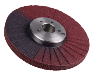 A three-quarter angled perspective of an abrasive grinding wheel, showing depth of th 782516