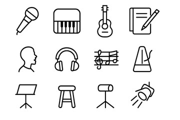 Fototapeta premium Music Rehearsal Icons. Outline icon set of music rehearsal: microphone, piano, guitar, notebook, pencil,