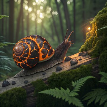 A large snail with a glowing, lava-like shell crawls on a log in a lush green forest. Ferns surround the scene, creating a serene natural environment.