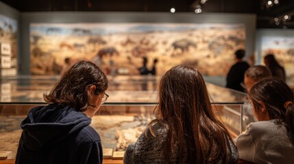 A group of young people observing exhibits in a museum. The scene features a diverse group of teenagers engaged in learning about wildlife.