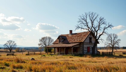 Obraz premium Rustic wooden house in a serene landscape with a large tree and grassy fields under a bright blue sky