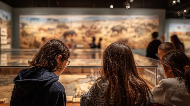A group of young people observing exhibits in a museum. The scene features a diverse group of teenagers engaged in learning about wildlife.