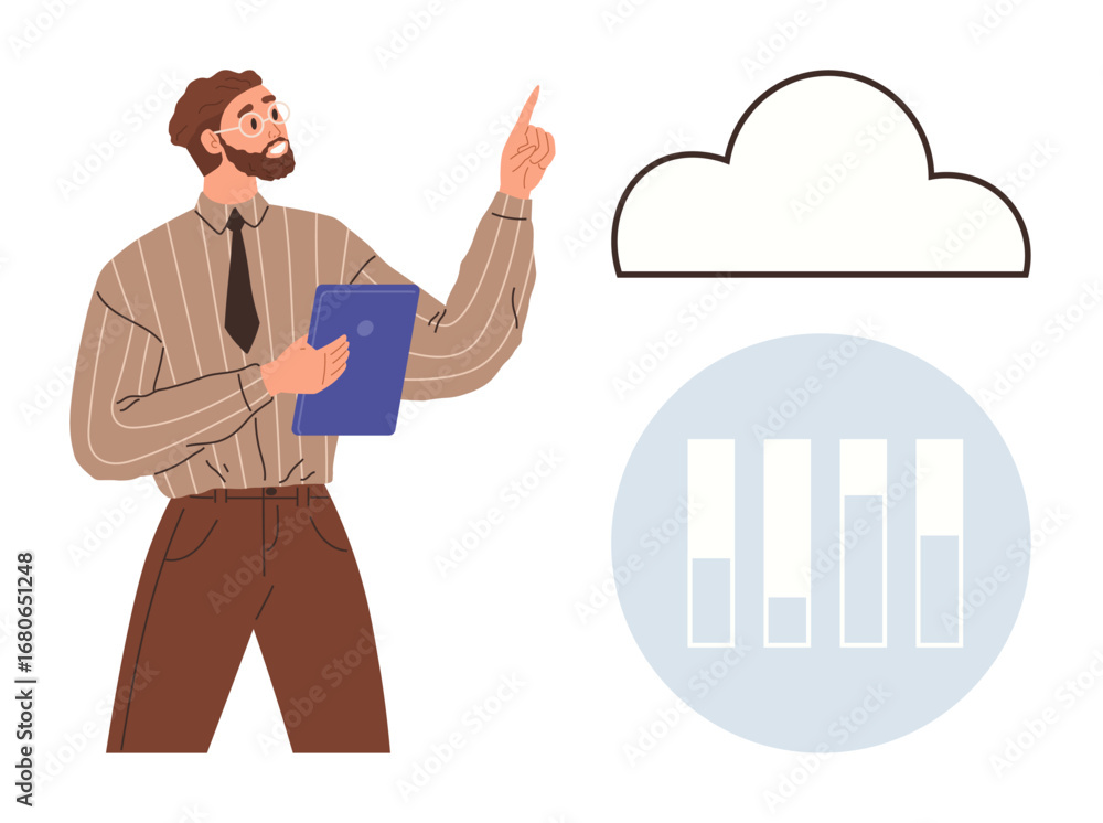Poster professional pointing to a cloud and analyzing bar chart data on a tablet. ideal for business, techn