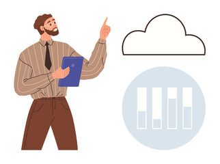 Professional pointing to a cloud and analyzing bar chart data on a tablet. Ideal for business, technology, analytics, presentation, cloud computing, data visualization, education. Simple flat