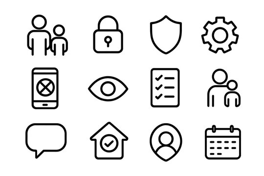Parental Control Icons. Outline icon set of parental guidance for devices: parent figure, child figure, lock,