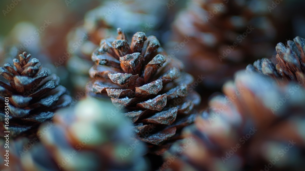 Poster close-up view of pine cones nestled in a forest setting
