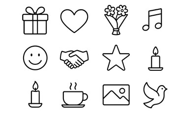 Appreciation Icon Set. Outline icon set of expressing appreciation: gift, heart, letter, flower bouquet, smile