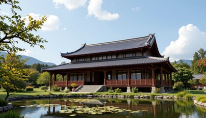 Naklejka premium Traditional Asian Architecture with Serene Pond and Lush Landscaping in a Peaceful Outdoor Setting