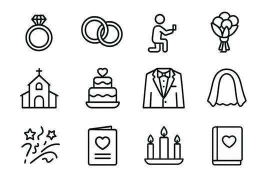 Marriage Icons Grid. Outline icon set of proposal and marriage: engagement ring, wedding ring, kneeling figure