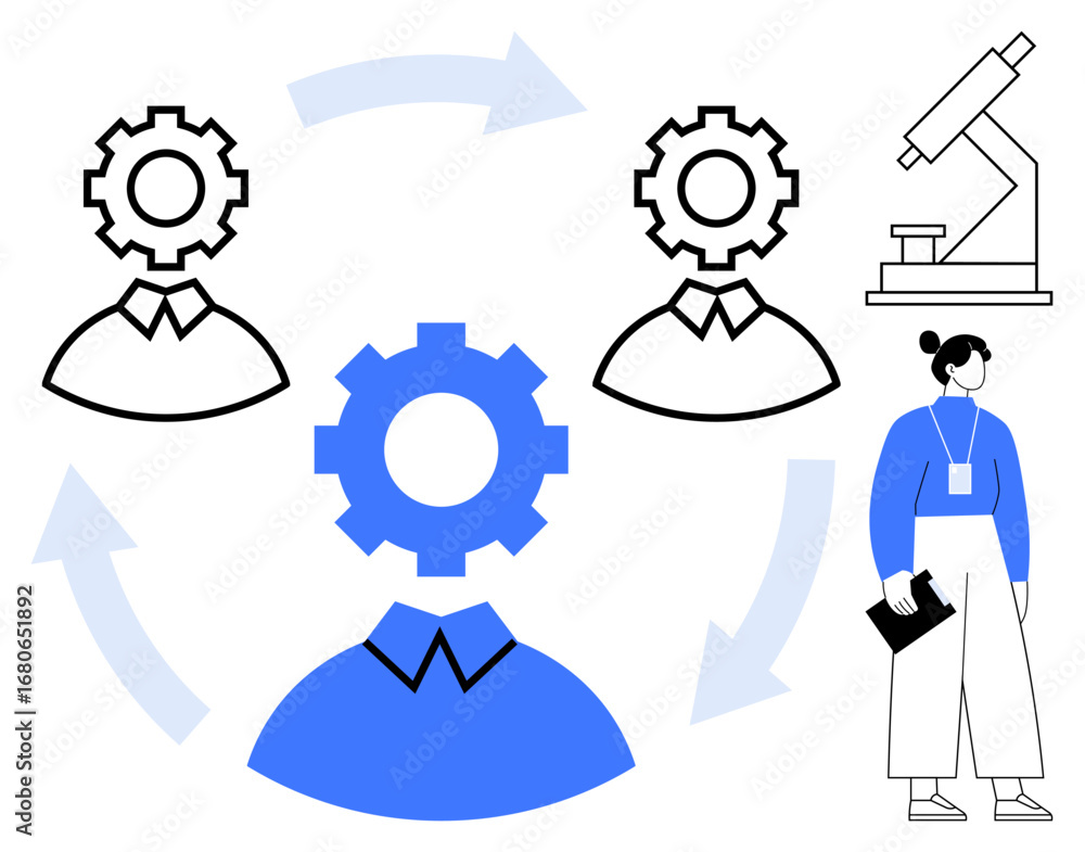 Poster gear-head figures linked by arrows represent teamwork and shared processes. a scientist holding a cl