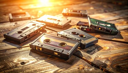 Retro cassette tapes scattered on a faded wooden desk with soft light casting vintage shadows, evoking timeless nostalgia