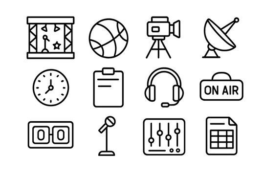 Event Coverage Icons. Outline icon set of live event coverage scheduling: concert stage, sports ball, camera