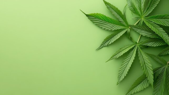 Green cannabis leaves arranged on a plain green background, representing plant science and genetic modification.