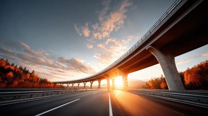 A stunning shot of a highway bridge at sunset with a beautiful sky and golden light.