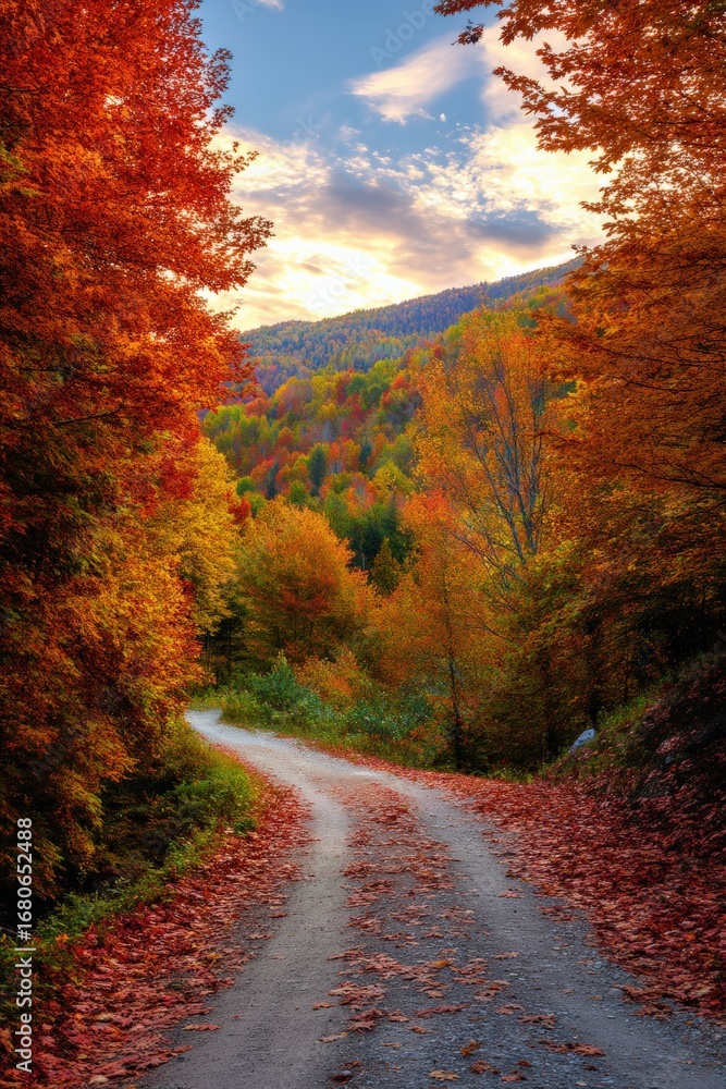 Poster scenic view of a winding dirt road passing through a colorful autumn forest at sunset, creating a pi