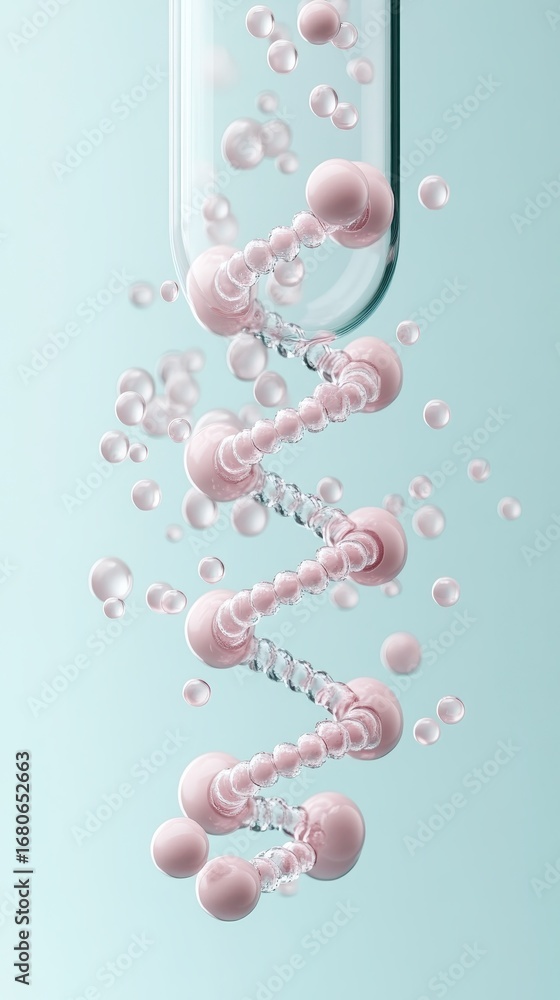 Poster dna molecule structure abstract form inside laboratory glass tube with floating small bubbles on blu