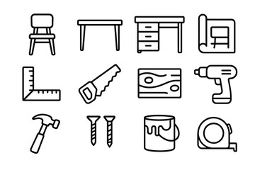 Bespoke Furniture Icons. Outline icon set of bespoke furniture designs: chair, table, desk, blueprint, ruler,
