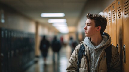 A young Caucasian male with brown hair stands in a school hallway. He wears a beige jacket and a gray hoodie. Lockers line the walls, with blurred figures in the background.