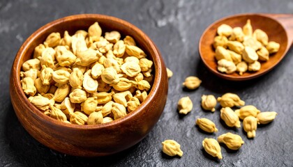 Dried seeds in wooden bowl on dark stone