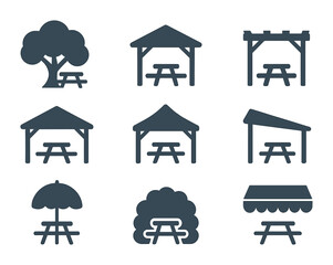 Shaded Picnic Spot Icons. Flat icon set of shaded picnic spots: large tree, gazebo, pergola, picnic pavilion,