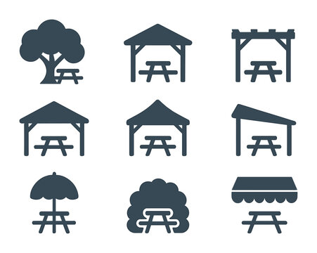 Shaded Picnic Spot Icons. Flat icon set of shaded picnic spots: large tree, gazebo, pergola, picnic pavilion,