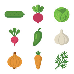 Pickling Vegetables Icons. Flat icon set of pickling vegetables: cucumber, beet, cabbage, radish, jalapeño,