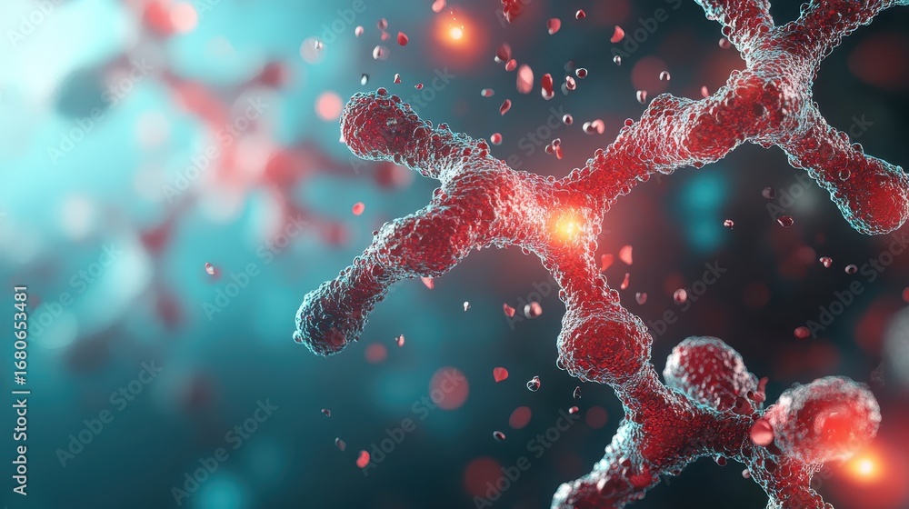 Poster abstract molecular structure with interconnected elements and glowing particles on a teal background