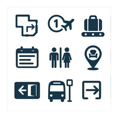 Airport Icon Set. Flat icon set of airport navigation maps: terminal diagram, gate number, baggage claim,