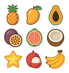 Tropical Fruit Icons. Flat icon set of tropical fruit mix: pineapple, mango, papaya, passionfruit, guava,
