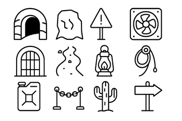 Desert Tunnel Icons. Outline icon set of desert tunnel entrance: sand arch, rock wall, warning sign,