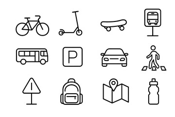 Campus Transportation Icons. Outline icon set of campus transportation: bicycle, scooter, skateboard, bus stop