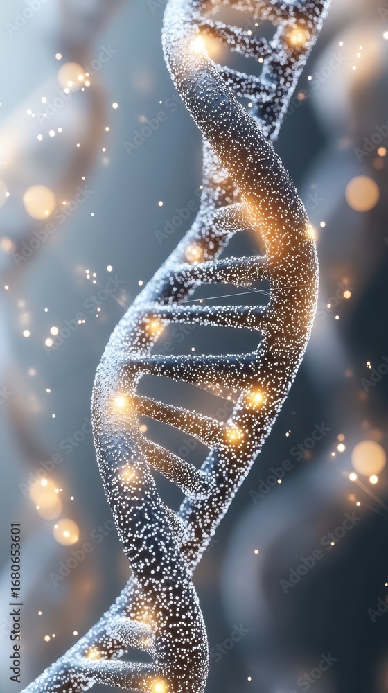 Poster double helix structure with glowing particles representing genetic engineering concepts