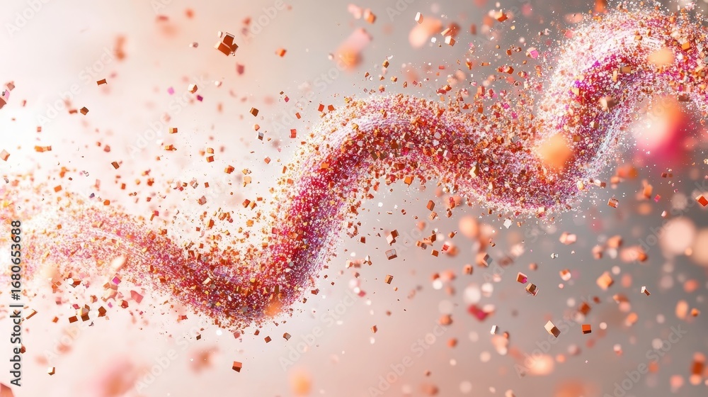Poster swirling colorful particles and glitter creating a wave effect with scattered confetti against a sof