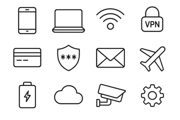 Digital Travel Safety Icons. Outline icon set of digital travel safety: smartphone, laptop, Wi-Fi symbol, VPN