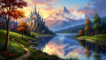 Majestic Castle Landscape with Mountains and Lake Reflection Art. Seamless looping time-lapse animation video background