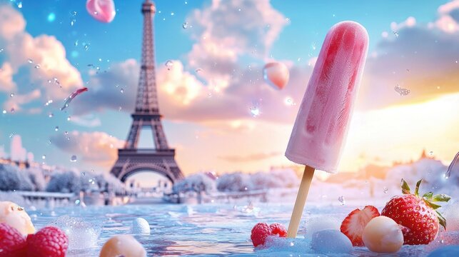 A vibrant summer scene with a pink popsicle, strawberries, and the Eiffel Tower in the background.