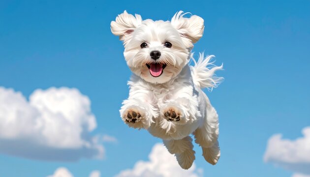 A white dog leaps playfully against a vibrant blue sky dotted with fluffy clouds